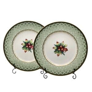 Set of 2 Fitz & Floyd Winter Holiday Charger Plates 12" Holly Berry Gold Trim